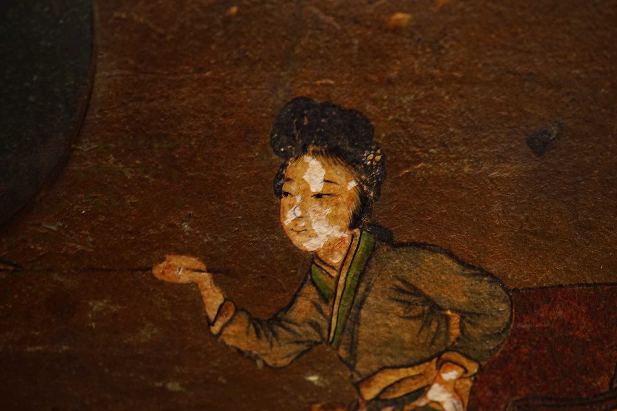 Two Chinese polychrome decorated hide chests, largest 56cm wide